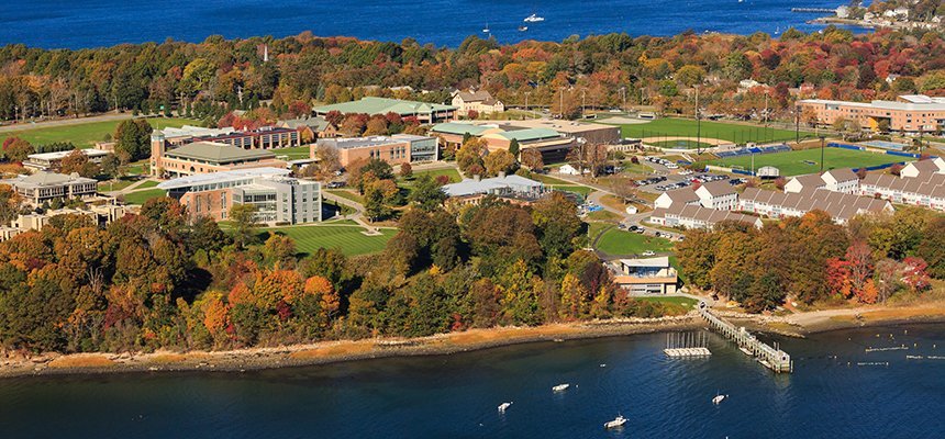 aerial view of RWU's Bristol campus and the bay that surrounds it