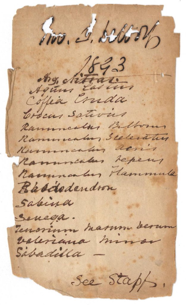 Mr. DeWolf's' handwritten Inventory of plants (1823); torn and stained. 
