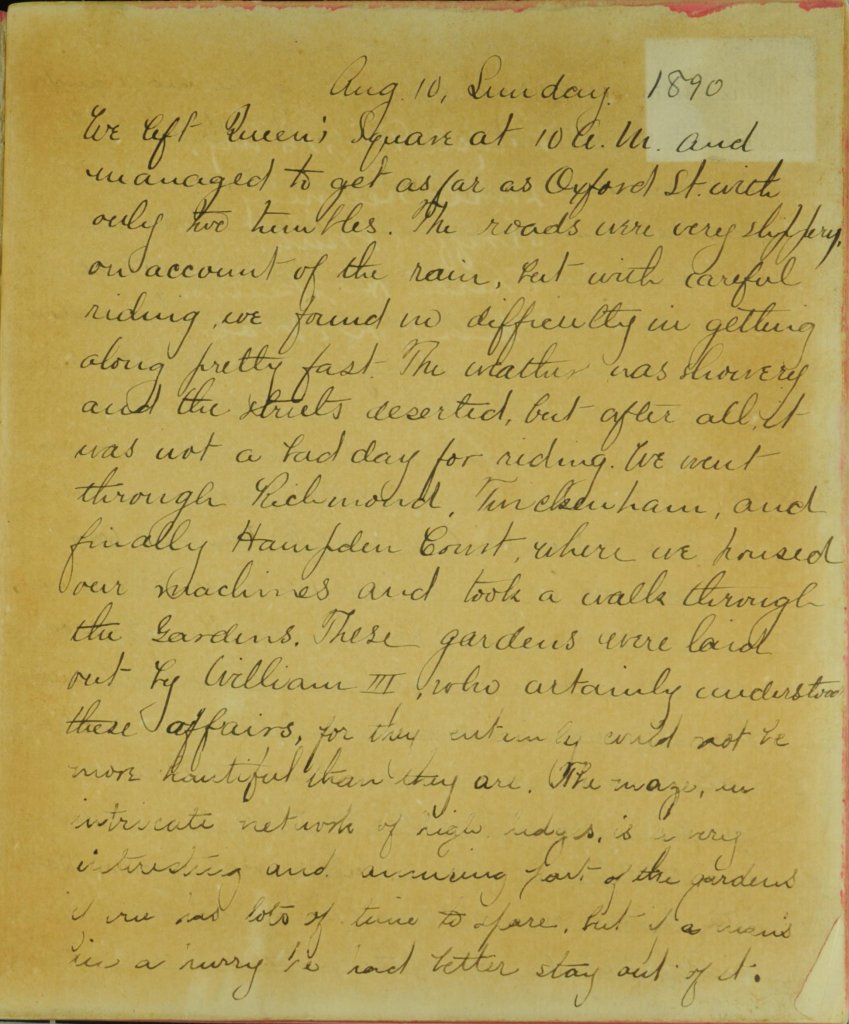 First page of handwritten account of Halsey DeWolf's bicycle trip to England. 1890
