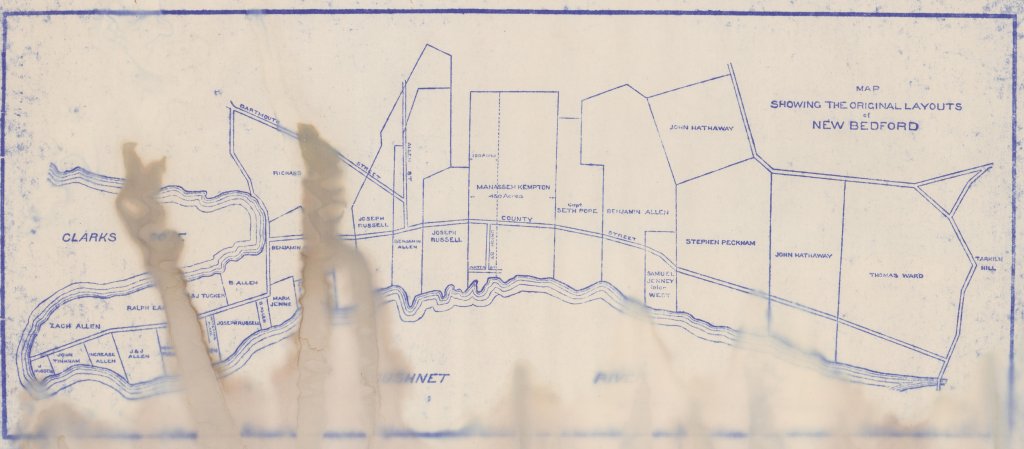 Map (water-stained) showing the original layouts at New Bedford, MA