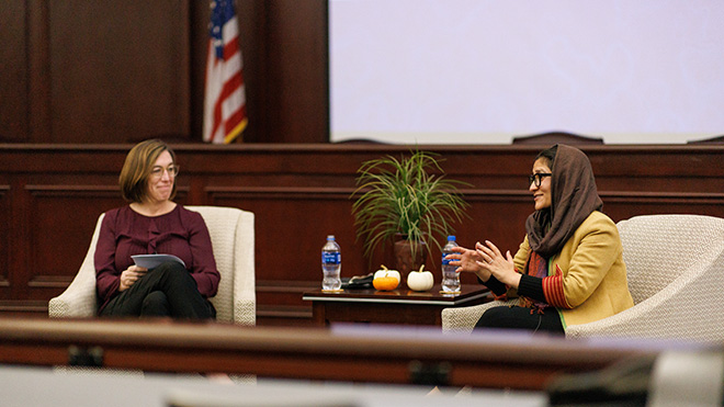 Shabana Basij-Rasikh speaks with RWU Provost Margaret Everett