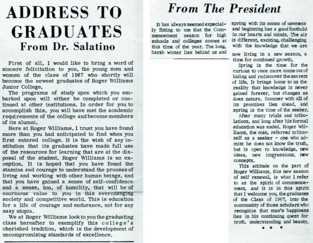 Two articles from the student newspaper (June 8, 1967) with remarks about commencement from Dean Salatino and President Gauvey
