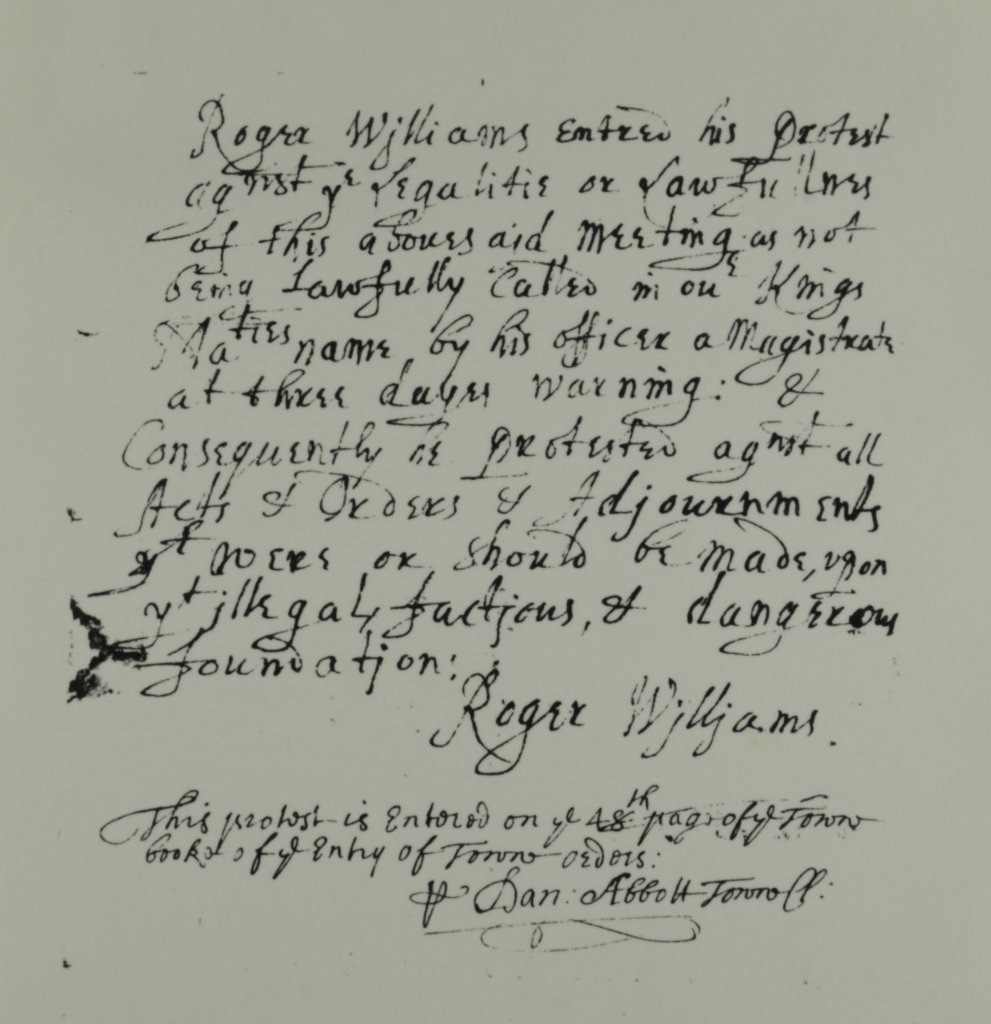 handwritten protest written and signed by Roger Williams