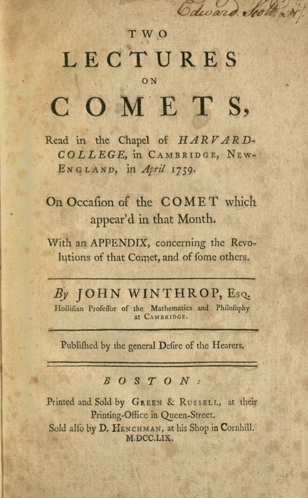 Title page of pamphlet, "Lectures on Two Comets, (1759)" by John Winthrop.