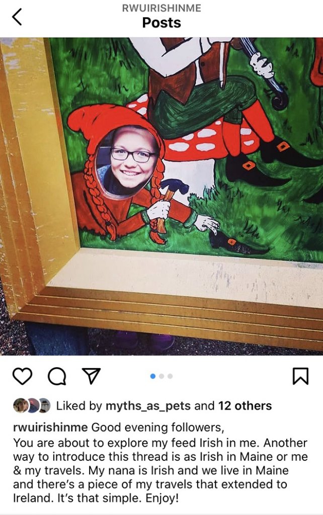 An instagram screenshot of a smiling woman's face in a leprechaun cutout 