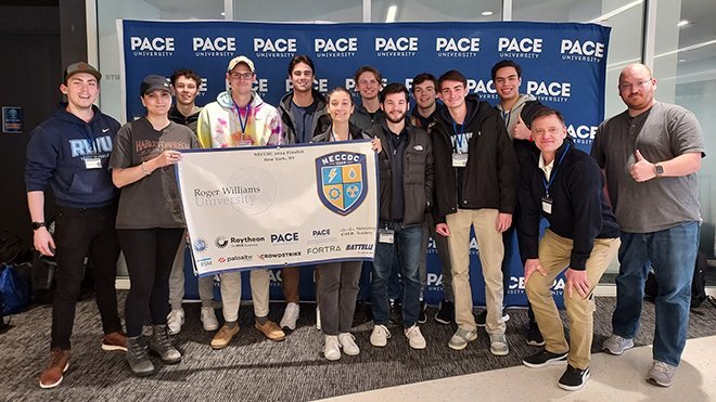 RWU's Cybersecurity and Intel Club poses for a photo at the Northeast Collegiate Cyber Defense Competition in March.