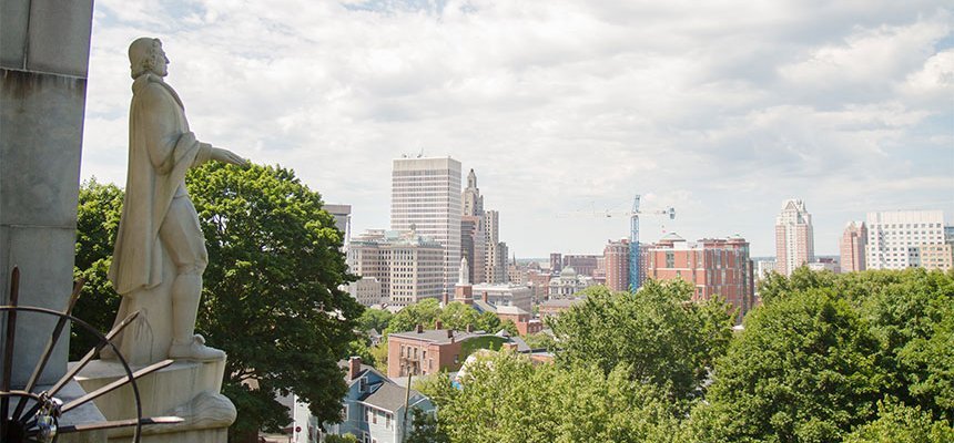 Providence skyline from Prospect Hill and the Roger Williams statue.
