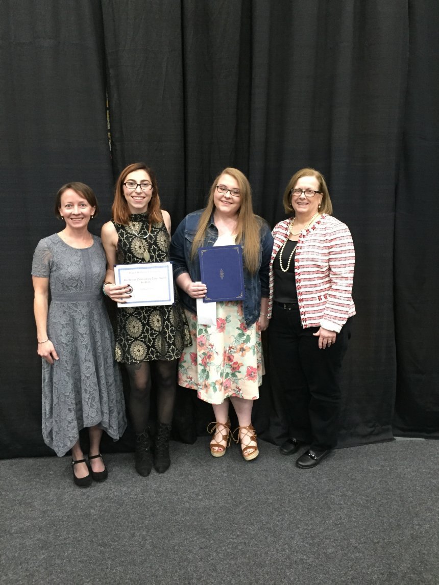 From left: 2017 Henderson Outstanding Tutor Award recipients Ashley Crane in math and Angela Kaczun in writing. They are congratulated by Coordinator of the Science Center Tracey McDonnell Wysor (far left) and Coordinator of the Writing Center Karen Bilotti (far right). (Missing from photo is Kelly Cribari, Outstanding Tutor in Science.)