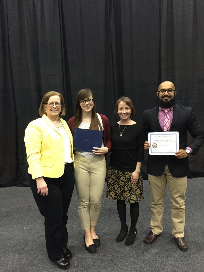 From left: 2016 Henderson Outstanding Tutor Award recipients Abigail DeVeuve in writing and Faihan Alfahani in science.  They are congratulated by Coordinator of Writing Center Karen Bilotti (far left) and Coordinator of Science Center Tracey McDonnell Wysor (second from right).  (Missing from photo is Kristina Biyad, Outstanding Tutor in Math. See next photo!)