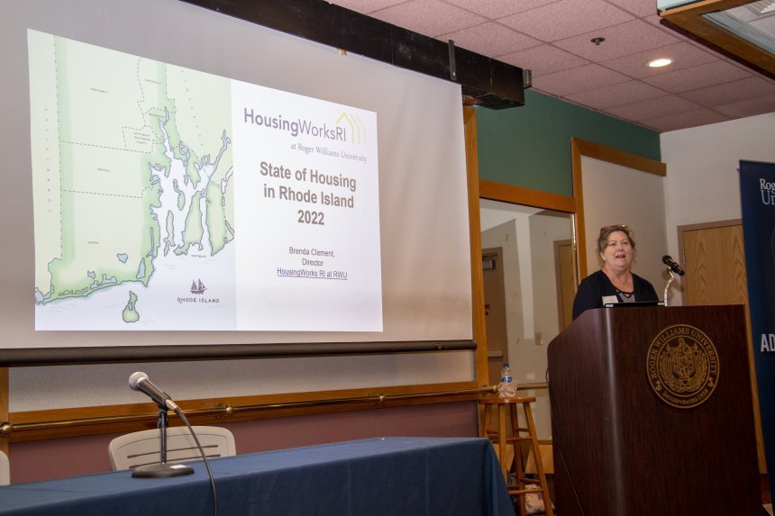 Brenda Clements of HousingWorks RI addresses the 2022 RIASPA Conference