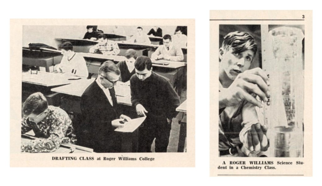 Two photos (1968): on left, instructor and student looking over something in drafting class, with other students at their desks in the background; on right, student in chemistry class.