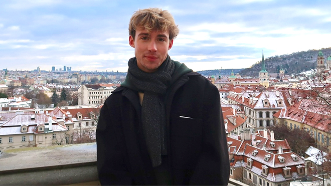 Cooper Hughes in Prague, where a study abroad course sparked the research that led to his published paper.