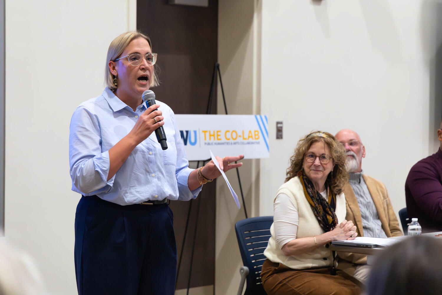Elizabeth Rosner speaks to attendees about The Co-Lab's mission to foster dialogue and elevate diverse histories.