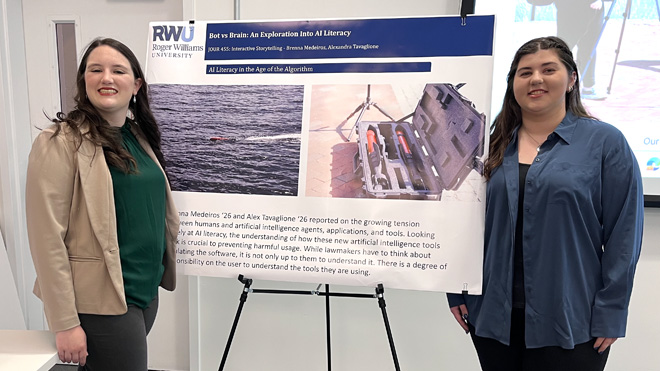 Journalism majors Brenna Medeiros and Alex Tavaglione examined the ethical implications of artificial intelligence.