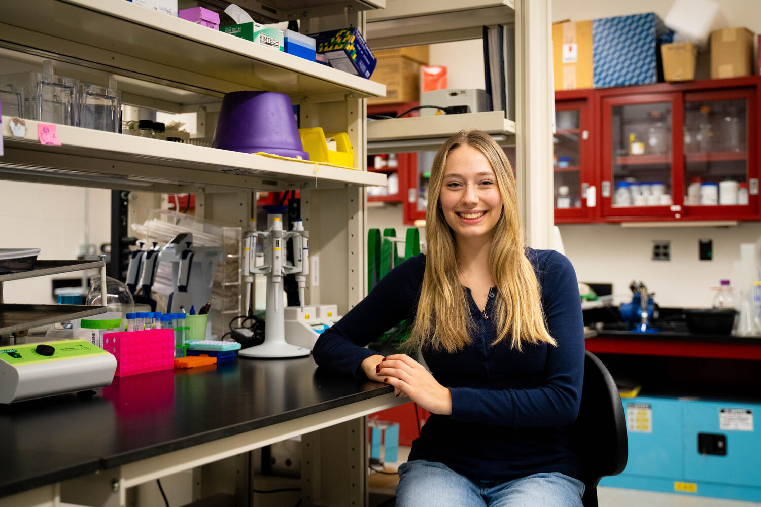 Sophomore Taylor Mark works in a Marine and Natural Sciences Building laboratory, where she studied the kinetic stability of oxidative-stress proteins.