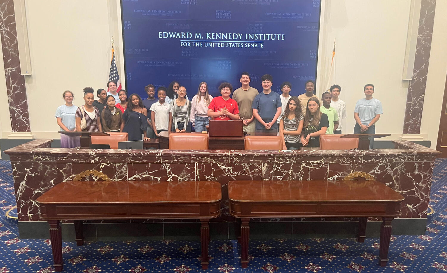 Campers pose for a photo at the Edward M. Kennedy Institute for the United States Senate in Boston.