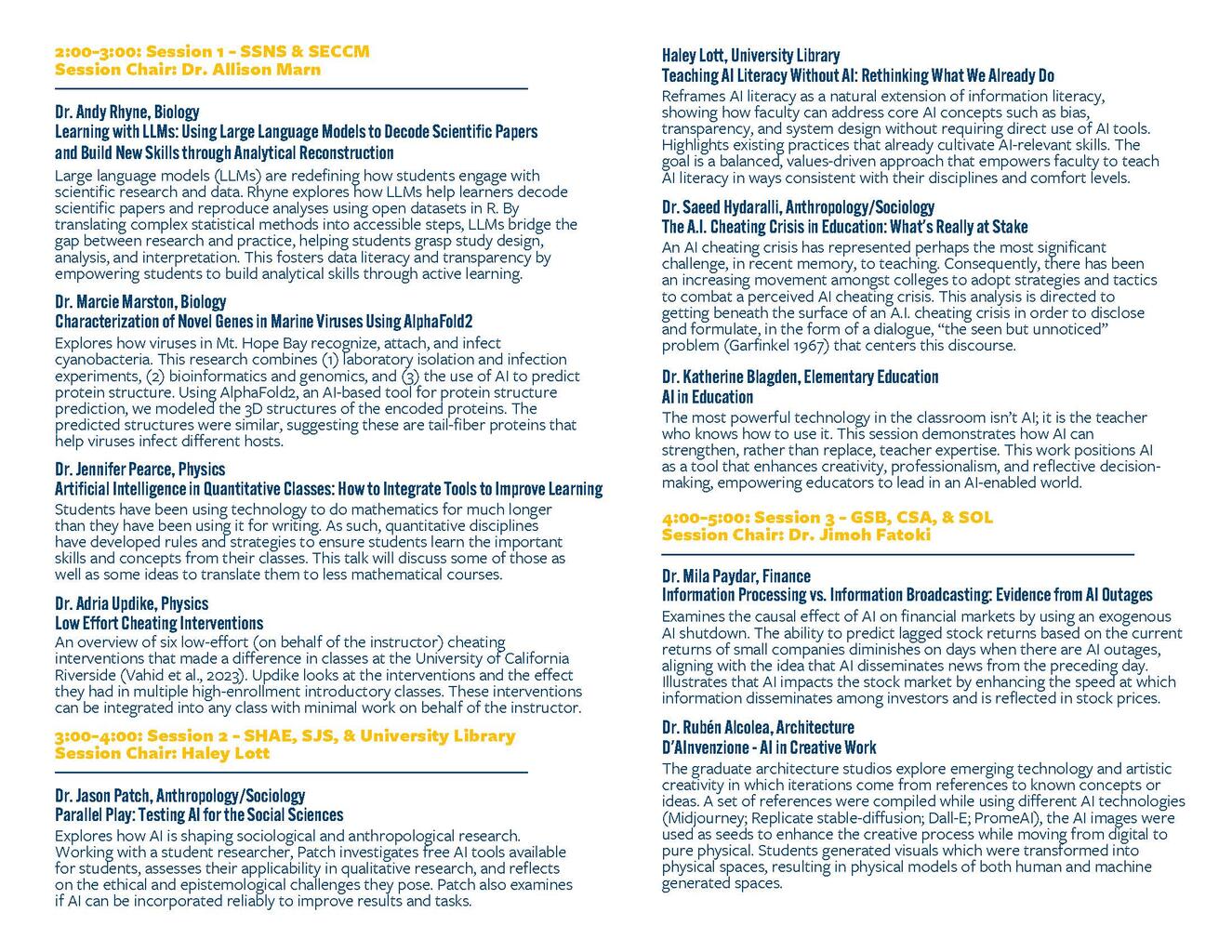 Two columns of presenter information for AI Symposium.