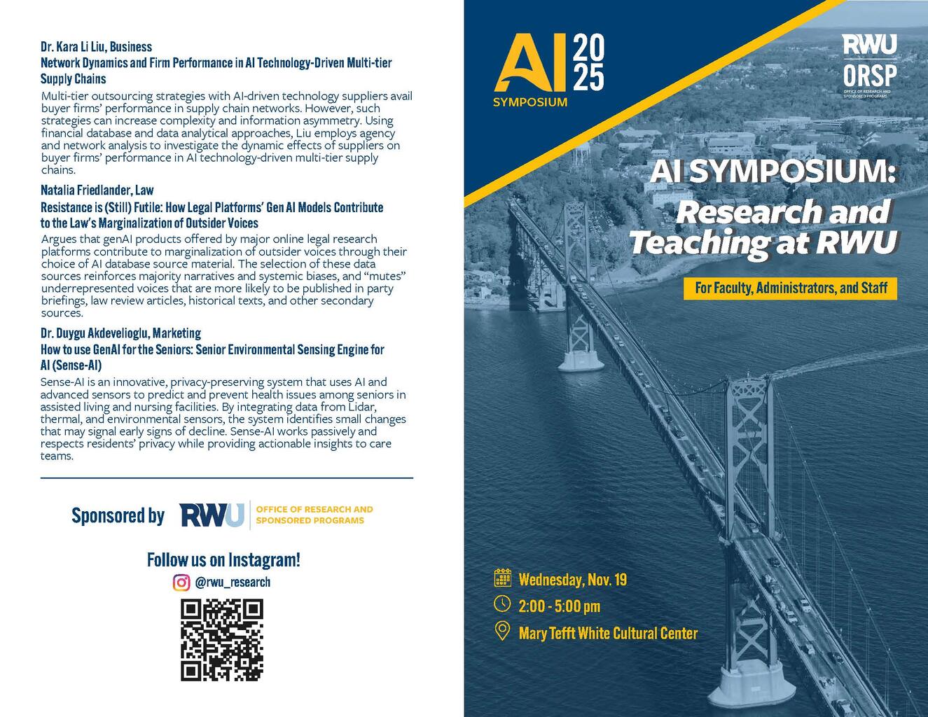 On the right side, front cover of AI Symposium program. On the left side, presenter information.