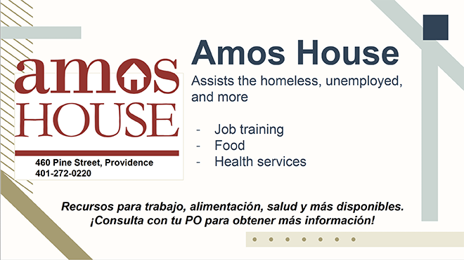 A PowerPoint slide featuring information about Amos House in Providence