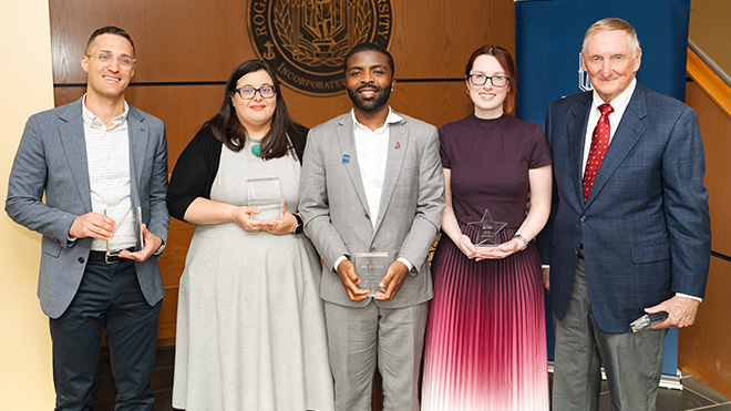 Zachary K. Lyons ’12, L’17, Jena (Spindler) Piazza Braunsberg ’08, Esq., Willie W. Borkai ’14, LMHC, MPH, Samantha Denton ’20, and Thomas Olsen ’11.