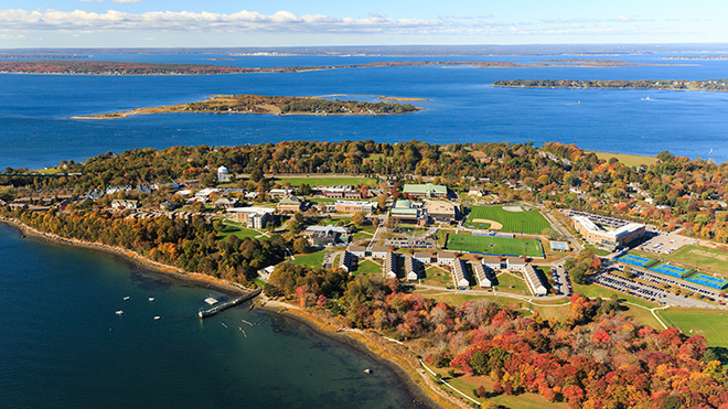 aerial image of Roger Williams University's Bristol Campus in Mount Hope Bay