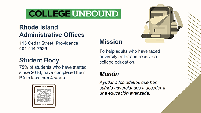 A slide with information about the College Unbound program