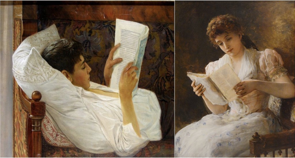 Two realistic paintings of a person reading.