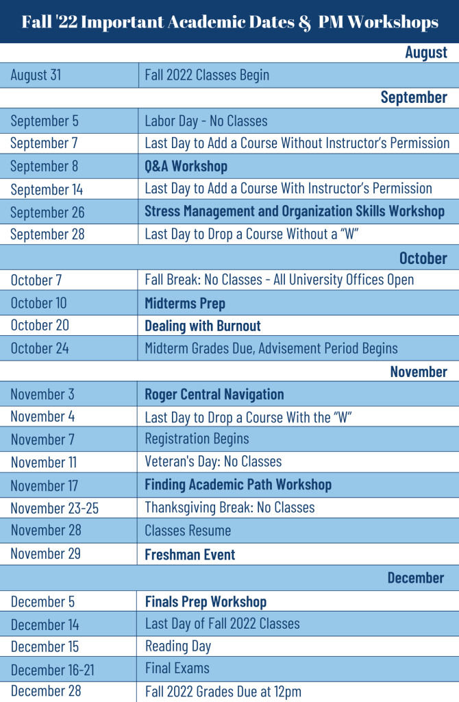 Fall 2022 Academic and Workshop Dates