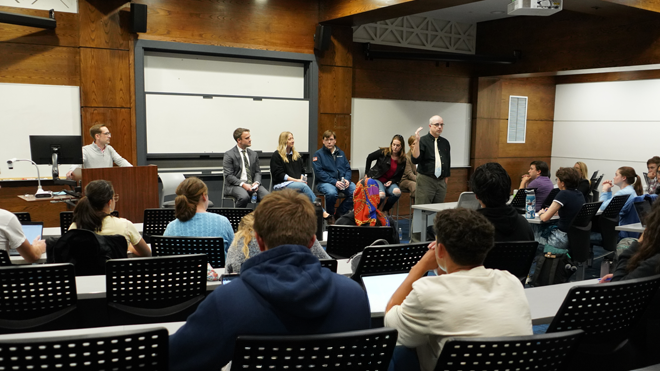 RWU alumni engage with students about navigating college, building networks, and applying classroom learning to real-world scientific careers.
