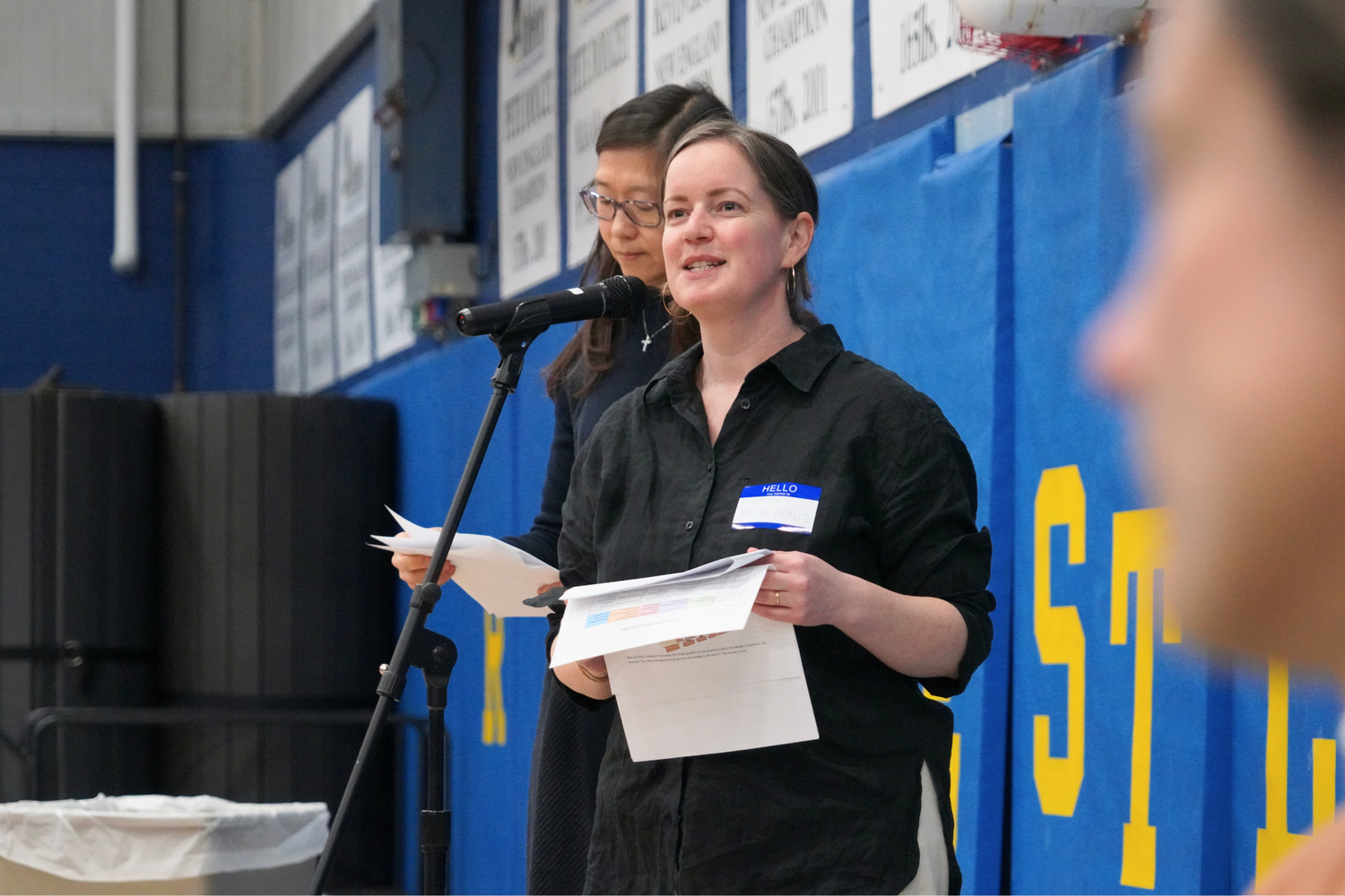 Maija Benitz welcomes nearly 200 Bristol-Warren Regional School District fourth graders to RWU’s KidWind Celebration Event.