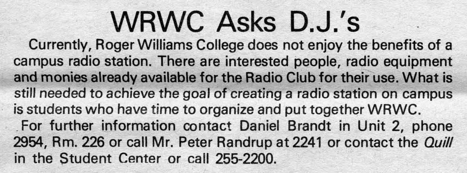 From The Archives (The Quill | September 1976) A new brief in The Quill puts out a call for any students interested in starting a college radio station.