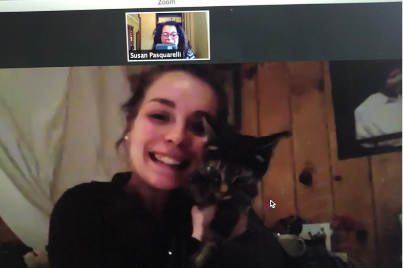 Student holds up kitten on Zoom call with professor. 