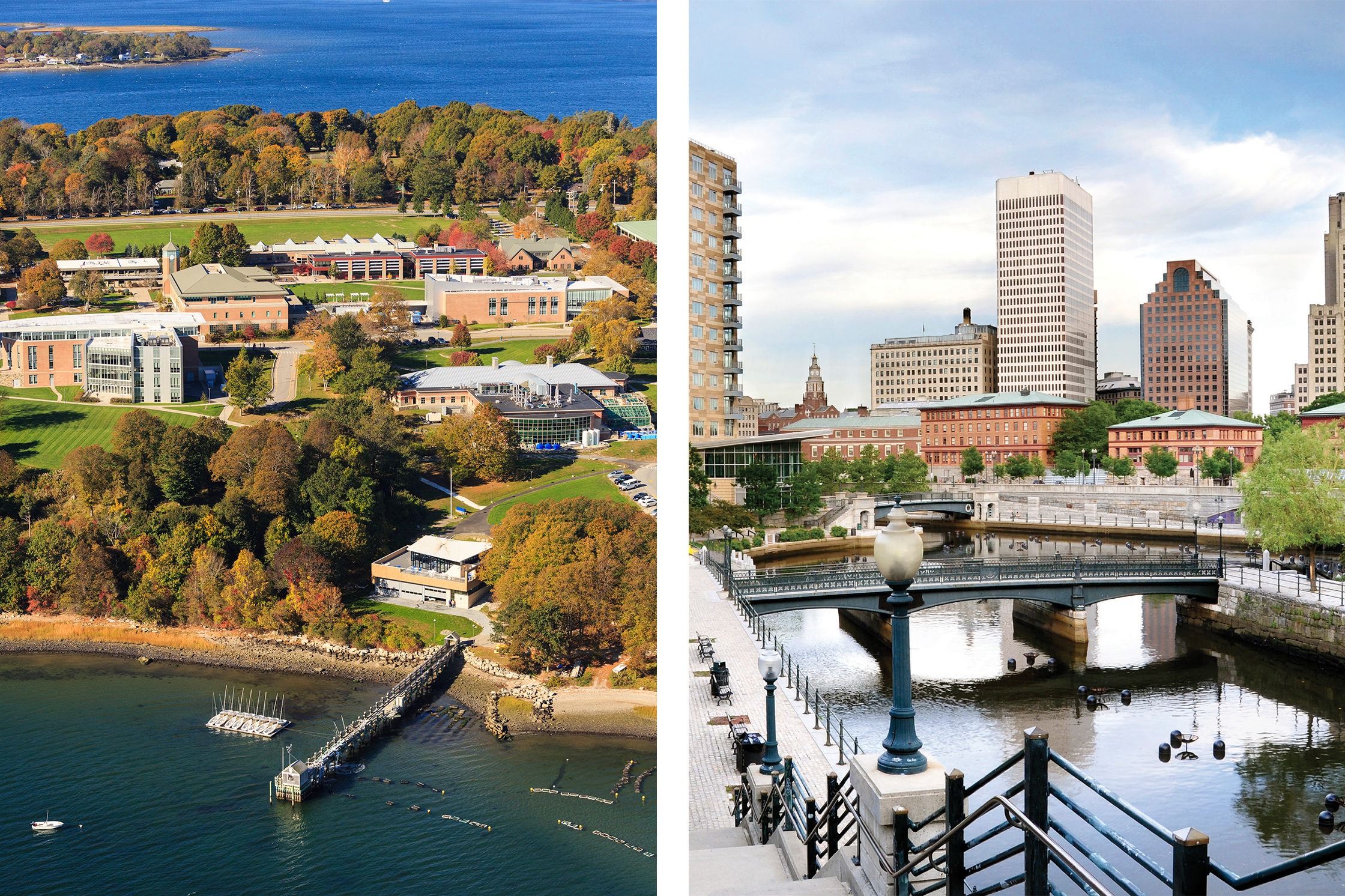 Side-by-side photos of the RWU Bristol Campus and the Providence skyline