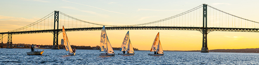 RWU Sailboats on Mount Hope Bay in front of Mount Hope Bridge