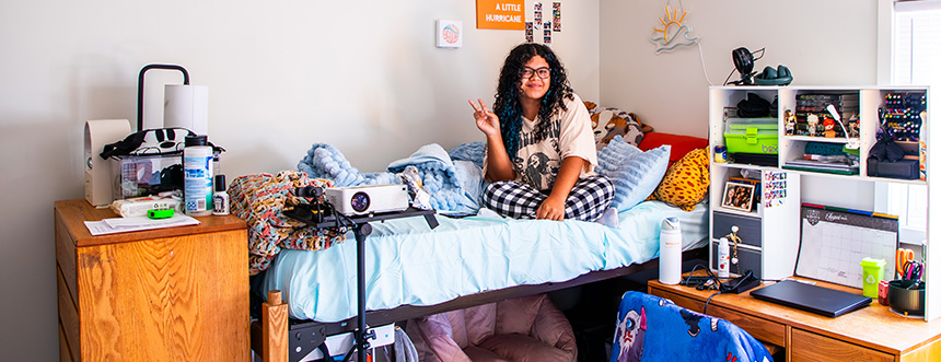 Student in newly set up dorm