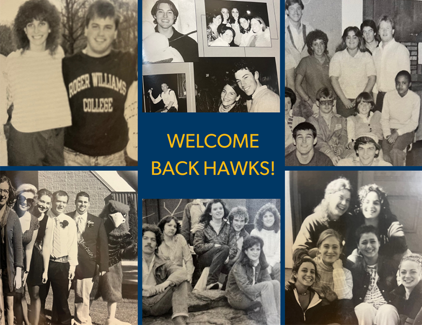 Welcome Back Hawks overlaid on black and white pictures of alumni through the years