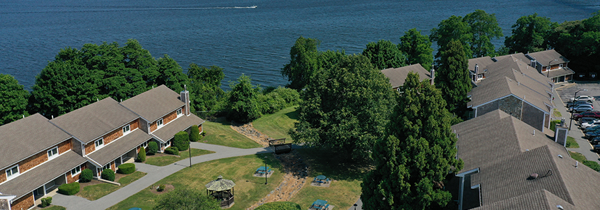 Residence halls with the bay in the background
