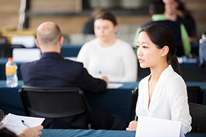 A student interviews for an internship