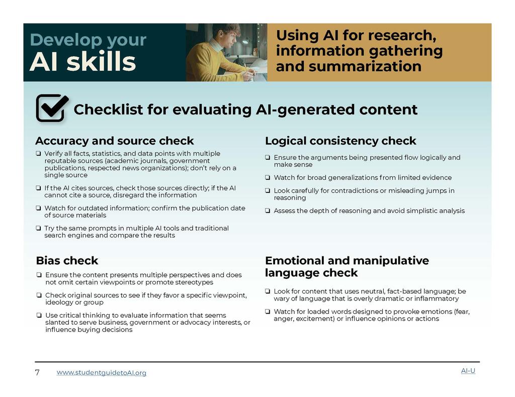 Checklist to develop your AI skills. Using AI for research, information gathering and summarization. The content is displayed as text above this graphic