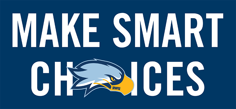 #MakeSmartChoices graphic featuring RWU Hawk wearing a surgical mask