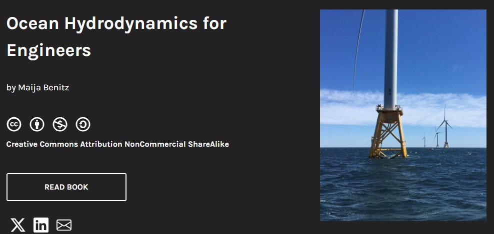 Ocean Hydrodynamics for Engineers book cover that is black with white letters with photo of ocean windmill platform with link to book download