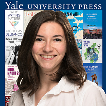 Ash Lago pictured in front of Yale University Press covers