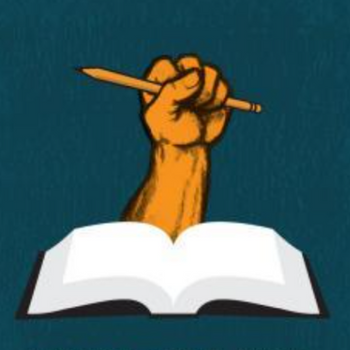 Image of Fist holding a pencil above an open book. 