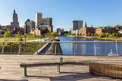 View of providence skyline with river taken from modern bridge