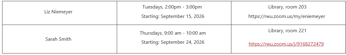 image displaying the times of availability for faculty to meet with Liz and Sarah