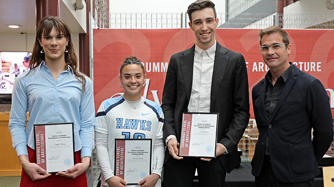 Logan Tilburg, Lauren Canata and Lucas James pose with Professor Alcolea for their Senior Academic Awards