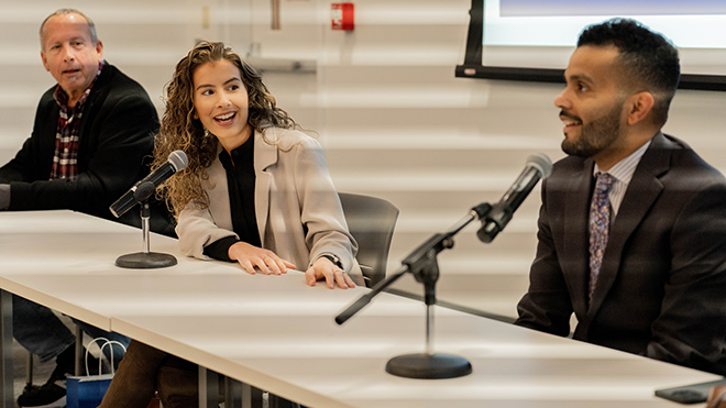 Three alumni speak on a panel during First-Gen Day.