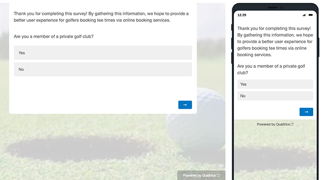A survey question overlayed on a picture of a golf course