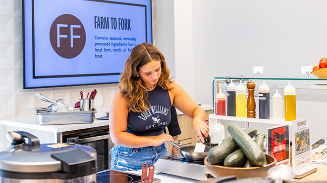 Create Your Own allows students to cook dishes their way, using staples like eggs, diced chicken, vegetables, and a variety of seasonings.