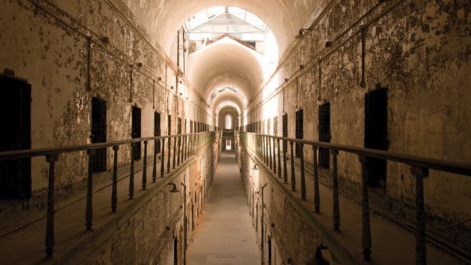 A view down a prison corridor